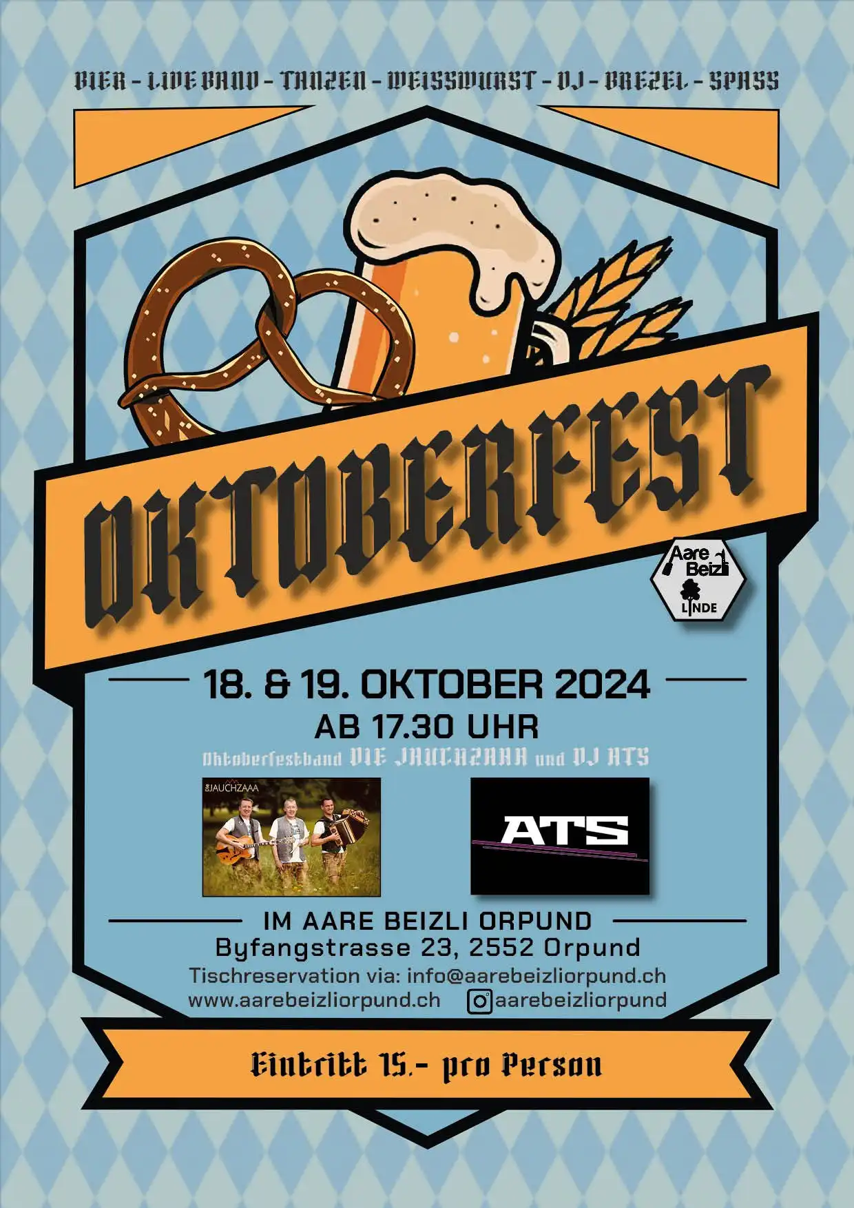 Poster für das Oktoberfest 2024 in Orpund mit Bier, Brezel, und Live-Musikankündigung.