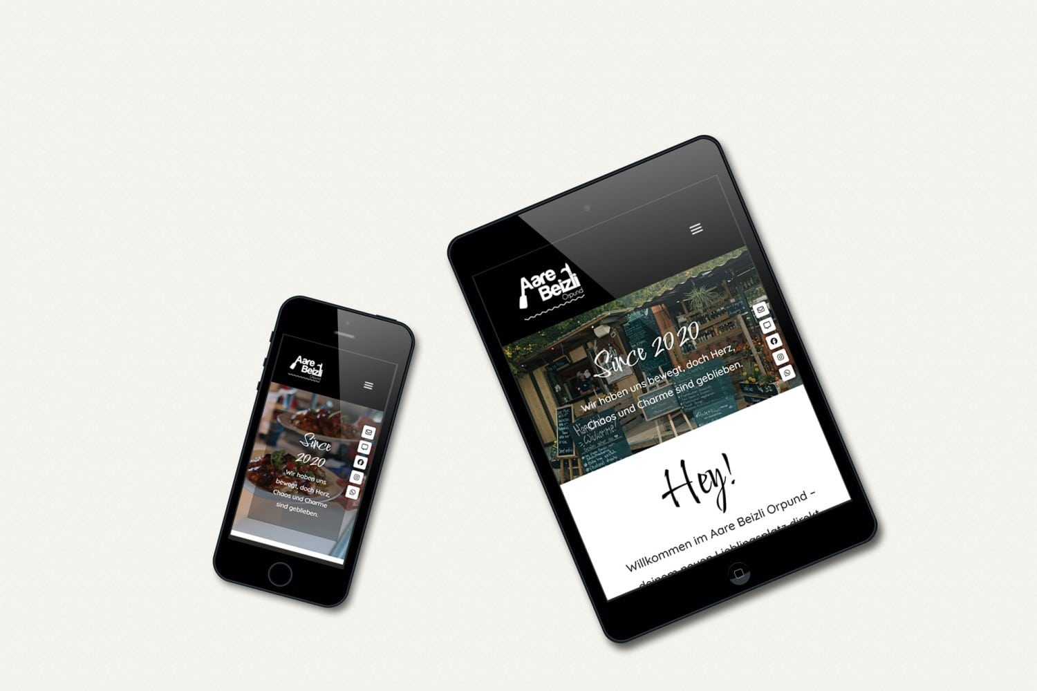 Mobilgeräte mit der Website von Aare Beizli Orpund, zeigt ein modernes Design mit Motto Since 2020.