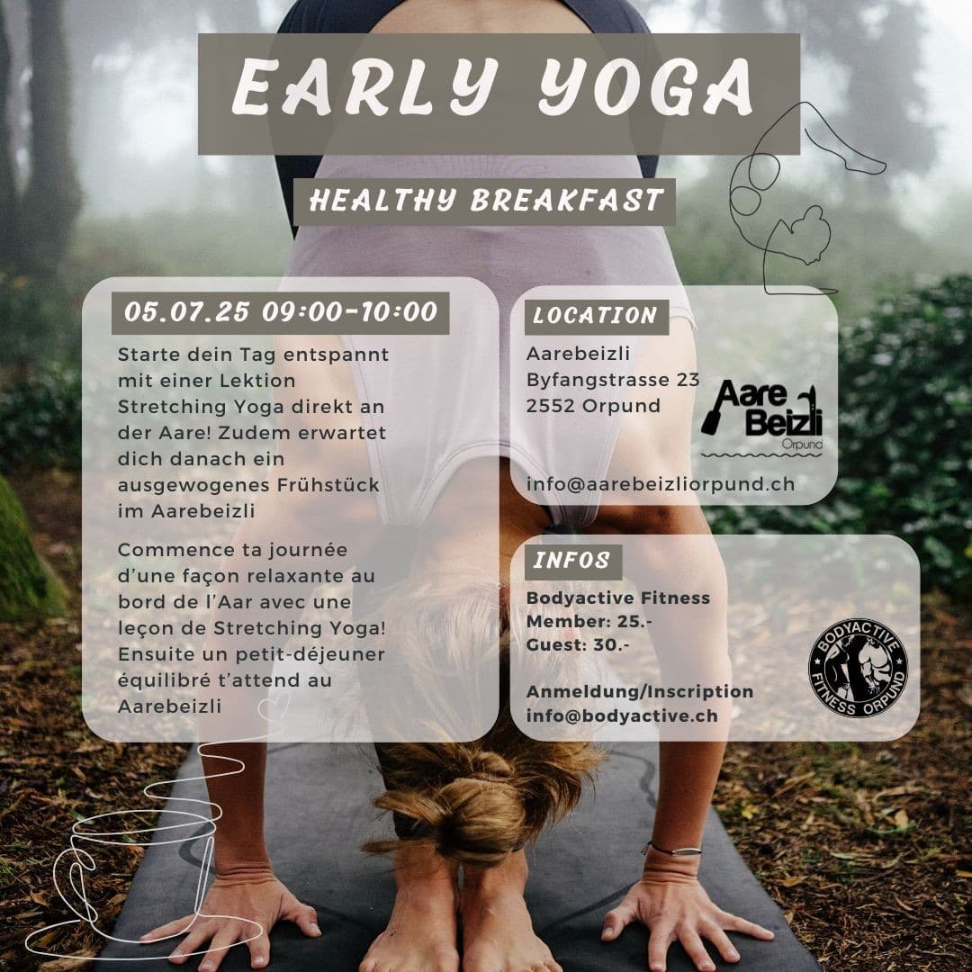 Yoga-Flyer: Eventankündigung für Early Yoga mit gesundem Frühstück, 5. Juli 2025, 09:00 Uhr, Aarebeizli, Orpund.