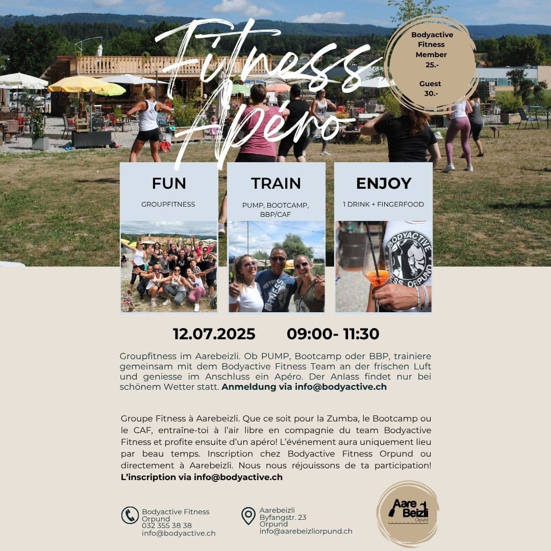 Outdoor Fitness-Event in Aarebeizli mit Groupfitness, Bootcamp und Apéro, 12.07.2025, 09:00-11:30, Anmeldung erforderlich.