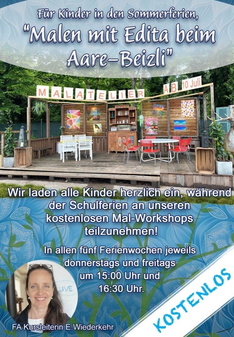 Kostenloser Mal-Workshop für Kinder in den Sommerferien beim Aare-Beizli, Malatelier ab 10. Juli.