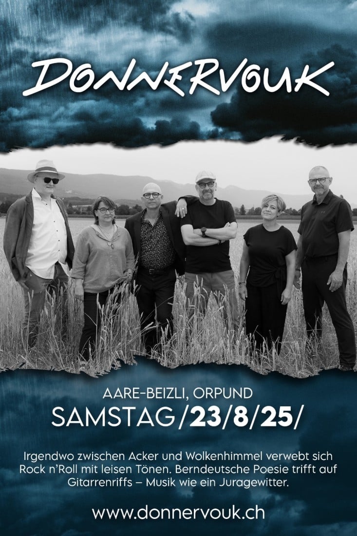 Plakat der Band Donnervolk für Konzert am 23. August in Orpund, ländliche Kulisse, rockige und poetische Beschreibungen.
