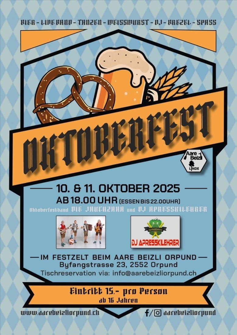 Oktoberfest 2025 Poster mit Brezel und Bier, Aare Beizli Orpund, Eventdetails und Live-Musik 10. & 11. Oktober.