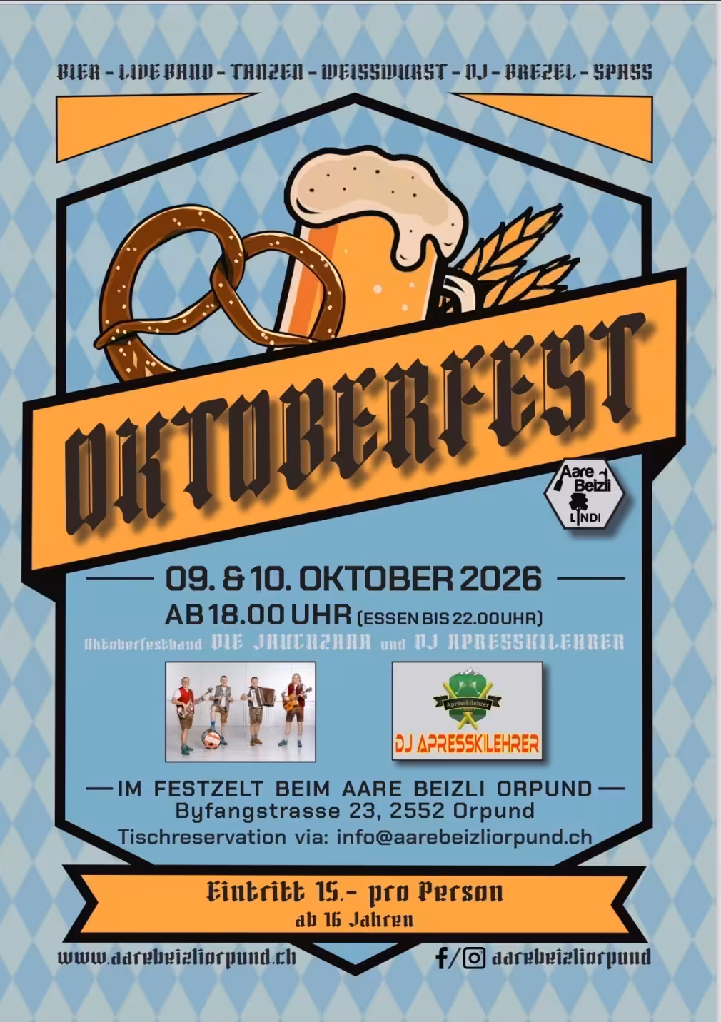 Poster für Oktoberfest 2026 in Orpund mit Brezel, Bierkrug, Livemusik und Eventdetails auf blau-weißem Hintergrund.